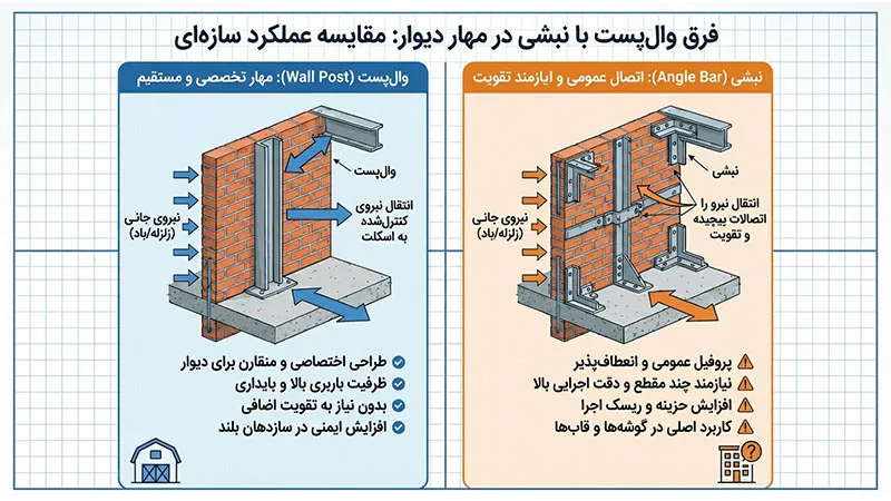 فرق وال پست با نبشی در مهار دیوار